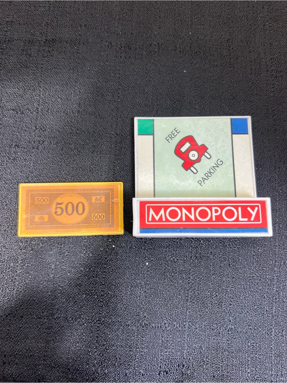 2000s Monopoly Free Parking magnet and 500 money magnet